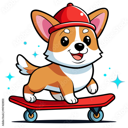  a cute cartoon illustration of a corgi dog. The corgi is wearing a red cap and is happily riding a red skateboard. The background is white with a few blue sparkles around the dog