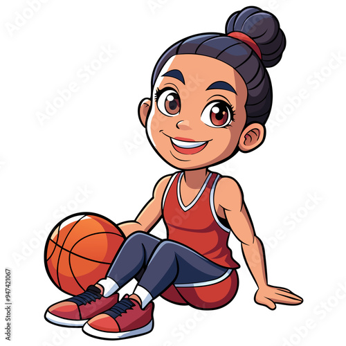 a cartoon illustration of a young girl sitting on the ground. She has a cheerful expression with big eyes and a wide smile. Her hair is tied up in a bun. She is wearing a red sleeveless basketball jer photo