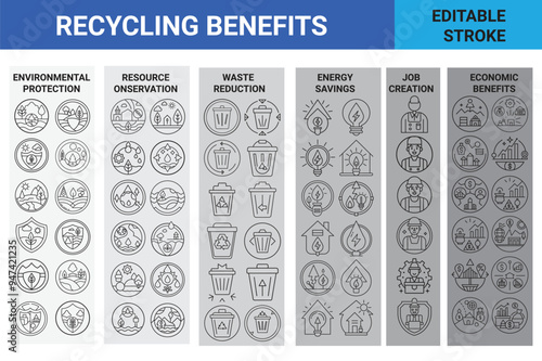 Recycling Benefits Icon: A versatile, editable line icon representing the positive impacts of recycling. Perfect for environmental campaigns, educational materials, or sustainability-focused projects. photo