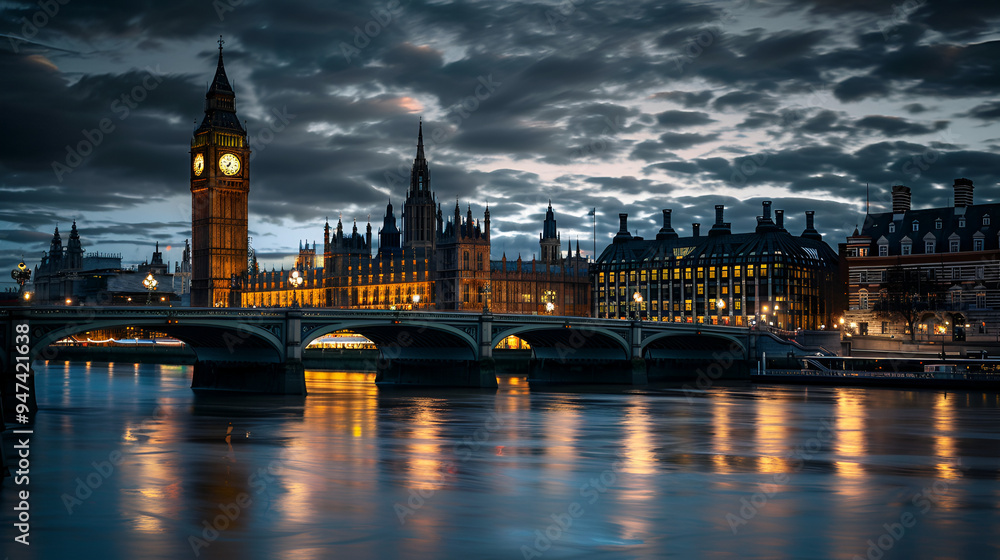 Fototapeta premium Westminster bridge and BigBen and house of parliament at night ai generative..