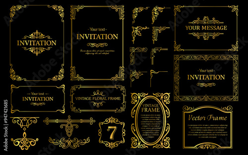 Design gold elements set, decorative flourish border corner and frame collection for invitation, menu and page decoration