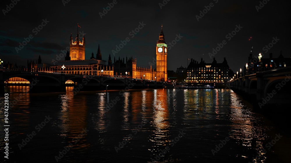Fototapeta premium Westminster bridge and BigBen and house of parliament at night ai generative..