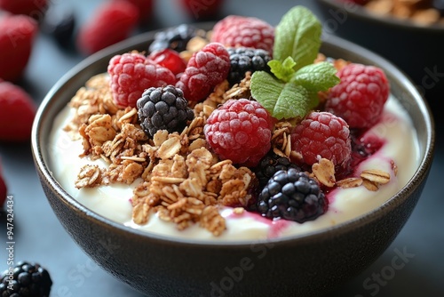 Bowl of yogurt topped with delicious blackberries, raspberries and granola for a healthy breakfast