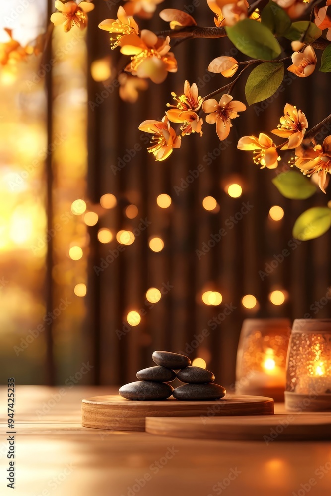 Wooden spa lounge, woman with hot stones and floral arrangement, 3D illustration Wooden spa lounge, woman with hot stones and floral arrangement, 3D illustration