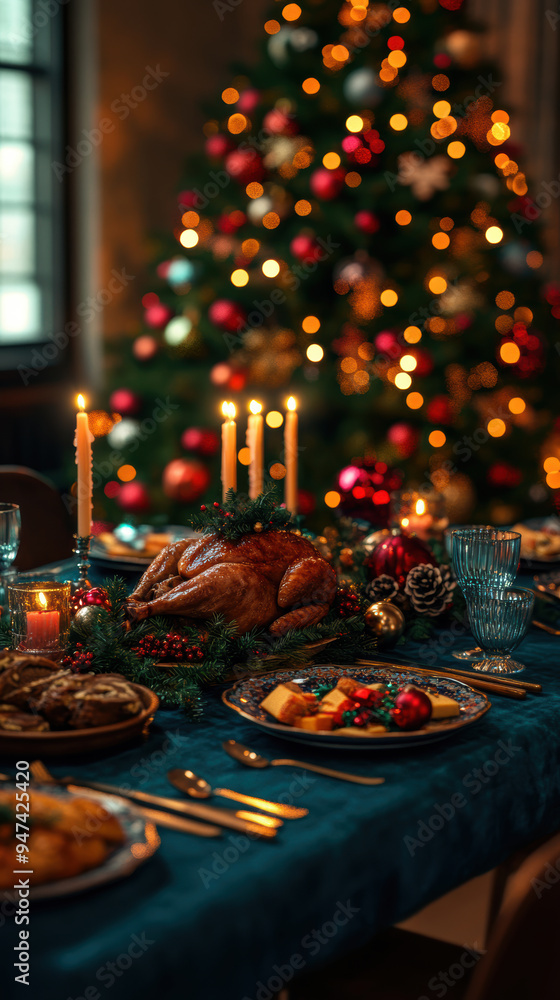 Christmas table and colourful tree. AI generative Christmas table and colourful tree. AI generative