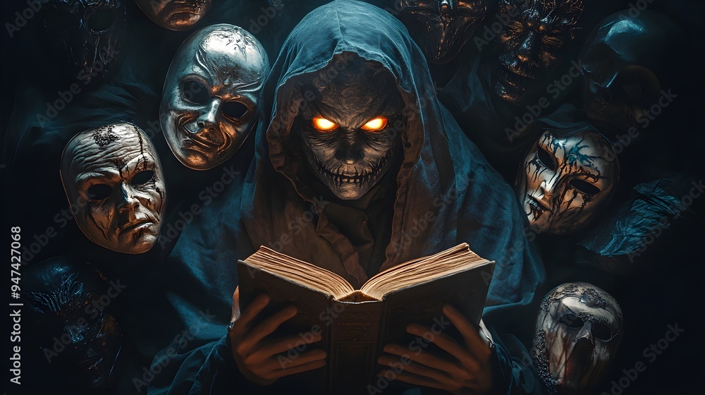 A cursed librarian with glowing eyes, holding a book of spells, surrounded by Halloween party masks, dark fantasy style, isolated on white background A cursed librarian with glowing eyes, holding a book of spells, surrounded by Halloween party masks, dark fantasy style, isolated on white background