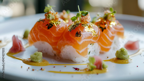 Elegant Dining A refined presentation of salmon sushi with gold leaf accents, served on a white porcelain plate with soy sauce, wasabi, and pickled ginger