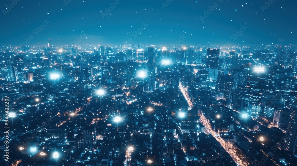 Fototapeta premium Cityscape at Night with Glowing Network Connections