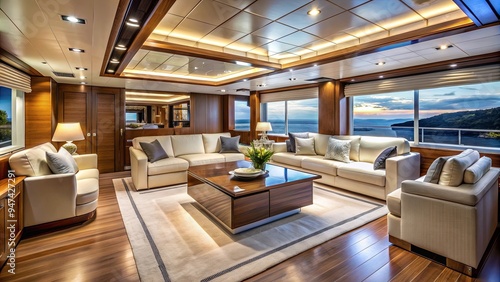 Luxurious interior of a large salon area on a luxury motor yacht, yacht, luxury, interior, salon, design, decor, high-end