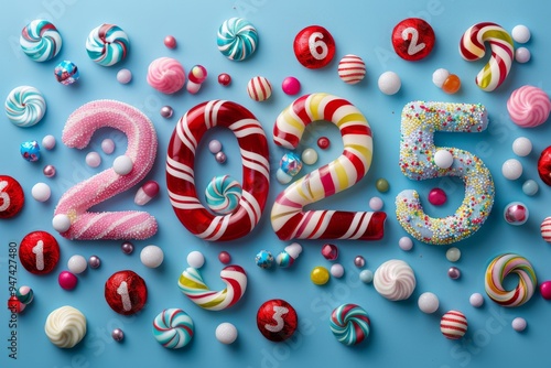 2025 candy lollipop numbers, 2025 sugar greeting card, sweet New Year design, candies banner