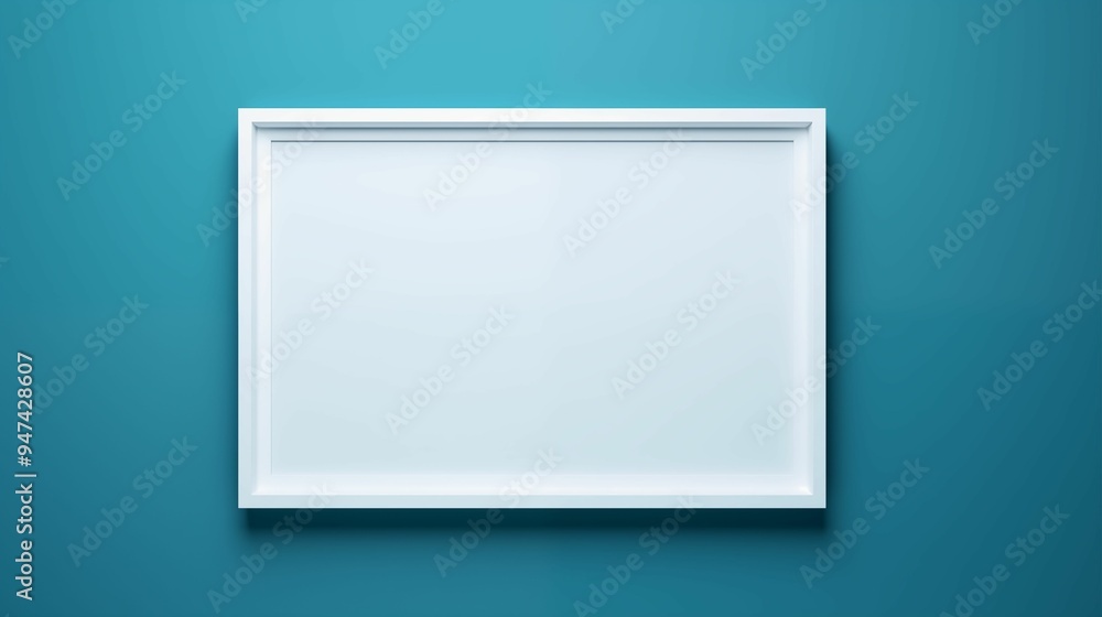 Empty white photo frame isolated on a blue wall. Generative ai Empty white photo frame isolated on a blue wall. Generative ai