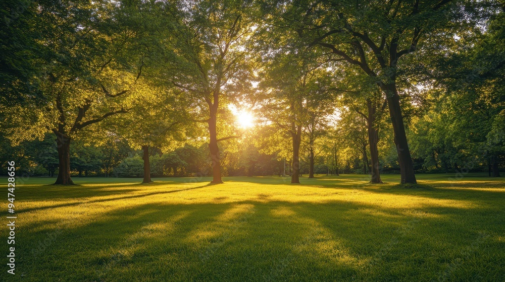 Obraz premium Serene Morning in a Sunlit Park - Peaceful Nature Scene with Green Trees and Warm Light Illuminating Nature Beauty