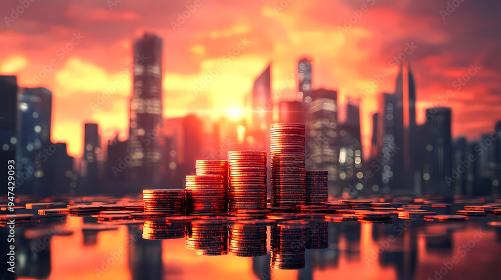 Fototapeta premium Currency stacks and city skyline background