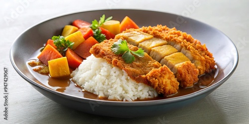 Japanese katsu curry with breaded chicken cutlet on rice, Japanese, katsu, curry, breaded, chicken, cutlet photo