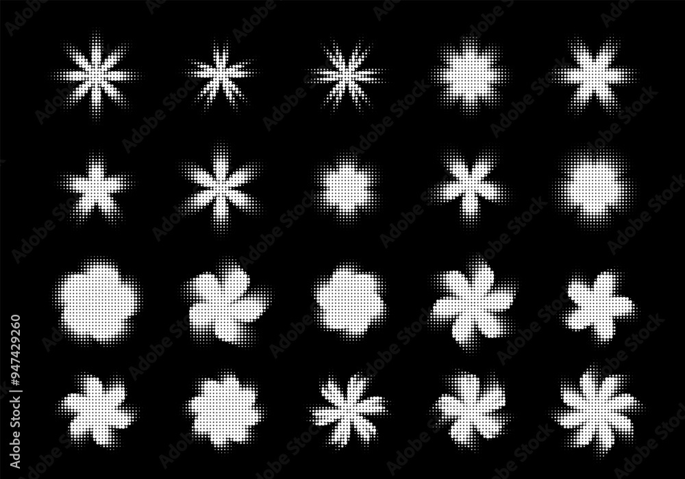 Brutalism flower shapes with dotted halftone effect Brutalism flower shapes with dotted halftone effect