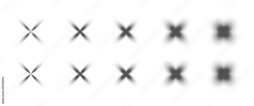 Halftone dots star set. Dotted grain starburst collection. Noise texture stippled sparkles Halftone dots star set. Dotted grain starburst collection. Noise texture stippled sparkles