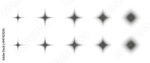 Halftone dots star set. Dotted grain starburst collection. Noise texture stippled sparkles