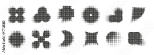 Abstract dotwork trendy shapes collection. Halftone pixel dotted style retro brutalist elements set. 