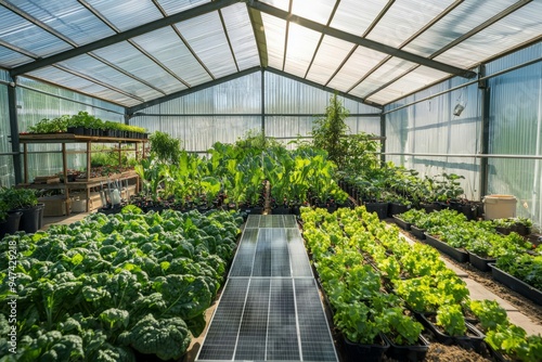 Solar panels on a greenhouse roof with a variety of crops inside. The setup ensures optimal plant growth through, Generative AI 