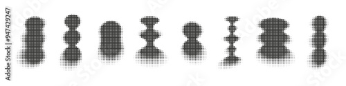 Abstract dotwork trendy shapes collection. Halftone pixel dotted style retro brutalist elements set. 