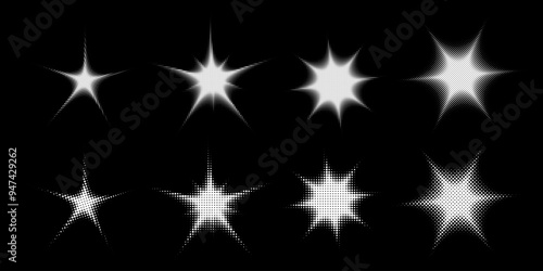 Halftone dots star set. Dotted grain starburst collection. Noise texture stippled sparkles