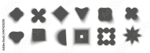 Abstract dotwork trendy shapes collection. Halftone pixel dotted style retro brutalist elements set. 