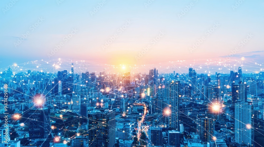 Obraz premium Cityscape with Network Connections and Sunset Glow