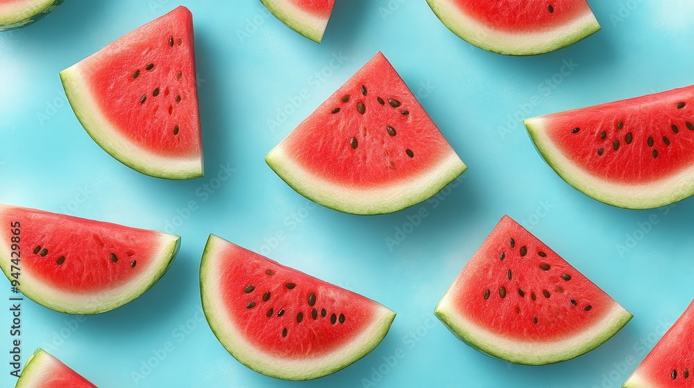 Fresh Slices of Watermelon on Blue Background Fresh Slices of Watermelon on Blue Background