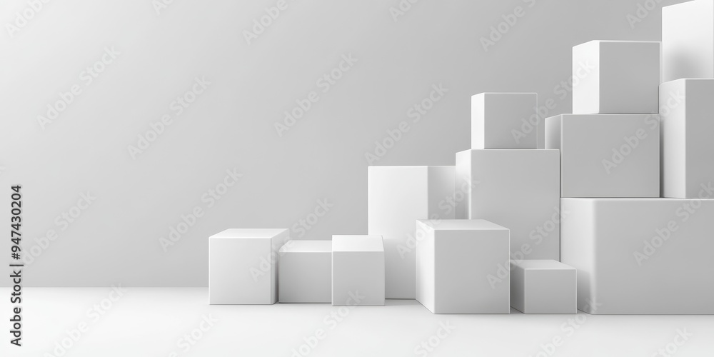 White cube boxes on a white backdrop for presentation 3D rendering