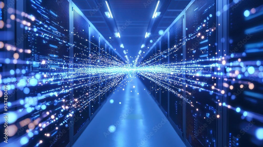Data Center Server Room with Blue Light and Data Flow Data Center Server Room with Blue Light and Data Flow
