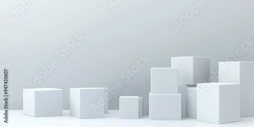 White cube boxes on a white backdrop for presentation 3D rendering