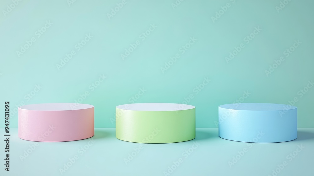 Collection of colorful 3D pedestals in green pink blue and white on a bright clean background designed for product display 3D rendered illustration Collection of colorful 3D pedestals in green pink blue and white on a bright clean background designed for product display 3D rendered illustration
