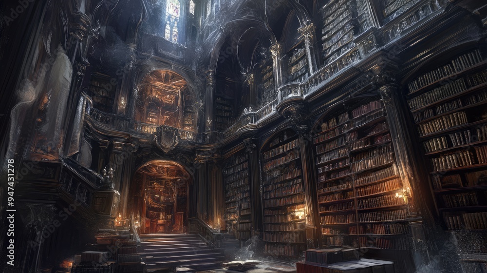 A Grand Library with Ornate Bookcases and Candles A Grand Library with Ornate Bookcases and Candles