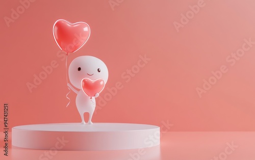 Cute cartoon character holding a heart shaped balloon on a white podium 3D rendered illustration photo