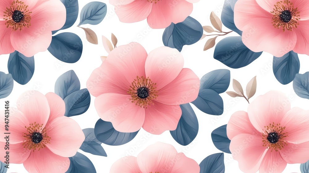 Seamless Floral Pattern with Pink Flowers and Blue Leaves Seamless Floral Pattern with Pink Flowers and Blue Leaves