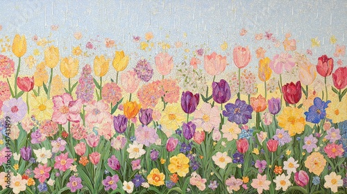 Colorful Mosaic Flower Garden with Tulips  Daffodils  and Hyacinths