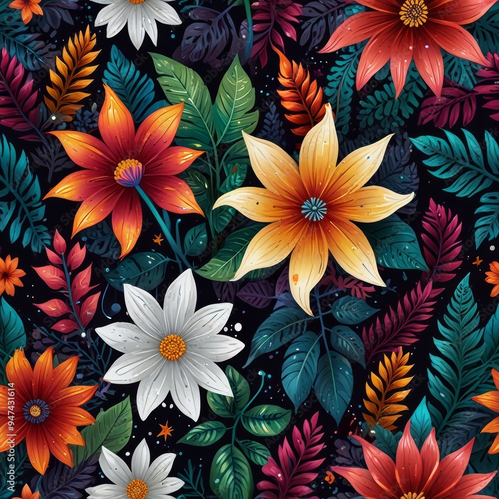 bright colorful flowers, seamless patterns, fabric art, starry night
bright colorful flowers, seamless patterns, fabric art, starry night