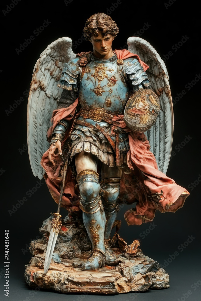 Fototapeta premium Graphic and biblical representation of the Archangel Michael. AI generativ.