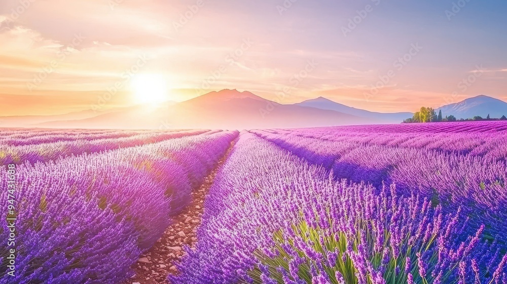 Lavender Field at Sunset with Mountains in Background Lavender Field at Sunset with Mountains in Background