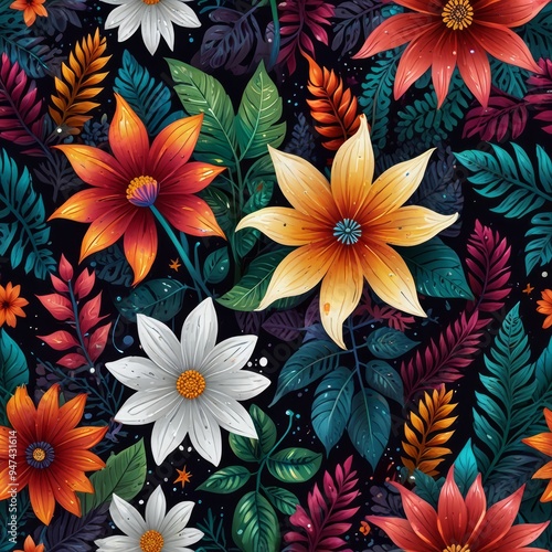 bright colorful flowers, seamless patterns, fabric art, starry night 