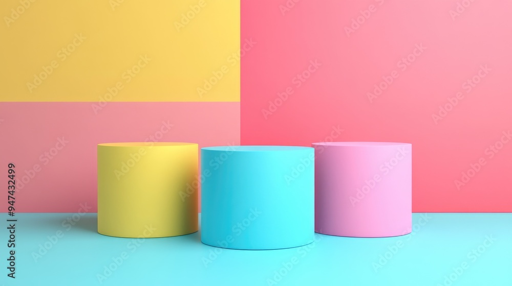 Collection of realistic cylindrical pedestals or podiums in blue pink and yellow colors against a perspective rectangular background Abstract 3D rendering mockup for showcasing products Collection of realistic cylindrical pedestals or podiums in blue pink and yellow colors against a perspective rectangular background Abstract 3D rendering mockup for showcasing products