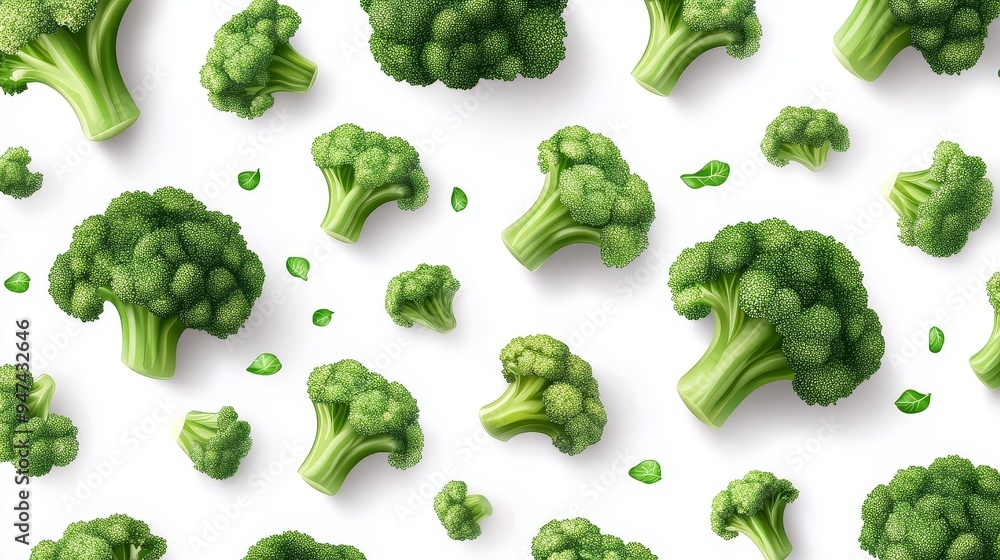 Fresh Green Broccoli Florets Pattern Isolated on White Background Fresh Green Broccoli Florets Pattern Isolated on White Background