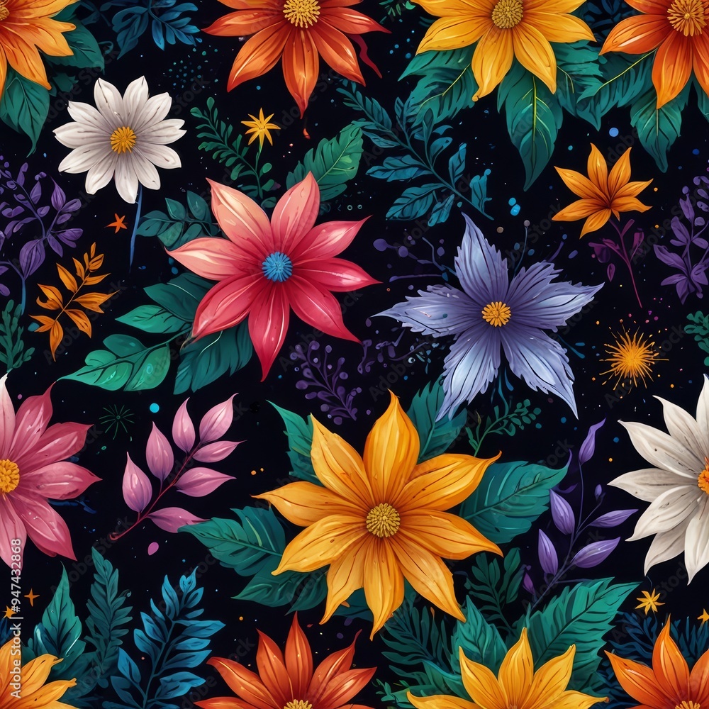 bright colorful flowers, seamless patterns, fabric art, starry night
bright colorful flowers, seamless patterns, fabric art, starry night