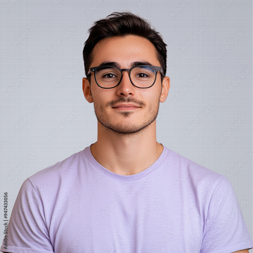 A friendly looking man of nordic descent, short dark hair with glasses, wearing a light purple shirt with a white background A friendly looking man of nordic descent, short dark hair with glasses, wearing a light purple shirt with a white background