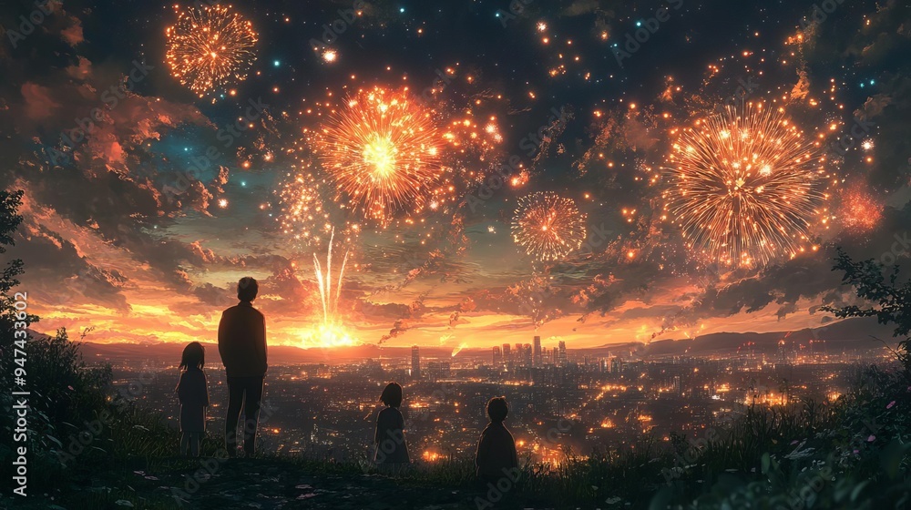 A family watching fireworks from a hilltop, with the city and sky ablaze in the background, warm tones, night scene, wideangle shot, outdoor setting A family watching fireworks from a hilltop, with the city and sky ablaze in the background, warm tones, night scene, wideangle shot, outdoor setting