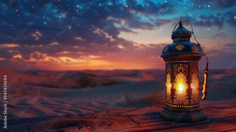 A lit glass lantern against a desert twilight sky. A lit glass lantern against a desert twilight sky.