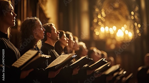 A church choir singing during a service, voices raised in harmony. photo