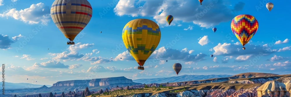 Fototapeta premium Balloon Tourism, Air Balloons in Sky, Mountain Landscape with Ballooning, Turkey Landscape