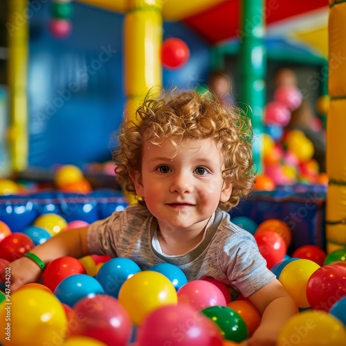 Balls pool, child playing in ball pit, colorful toys for kids in kindergarten or preschool play room