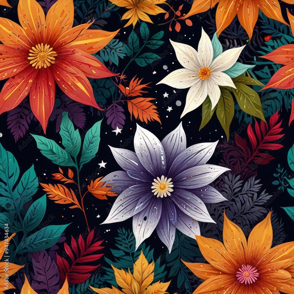 bright colorful flowers, seamless patterns, fabric art, starry night
bright colorful flowers, seamless patterns, fabric art, starry night